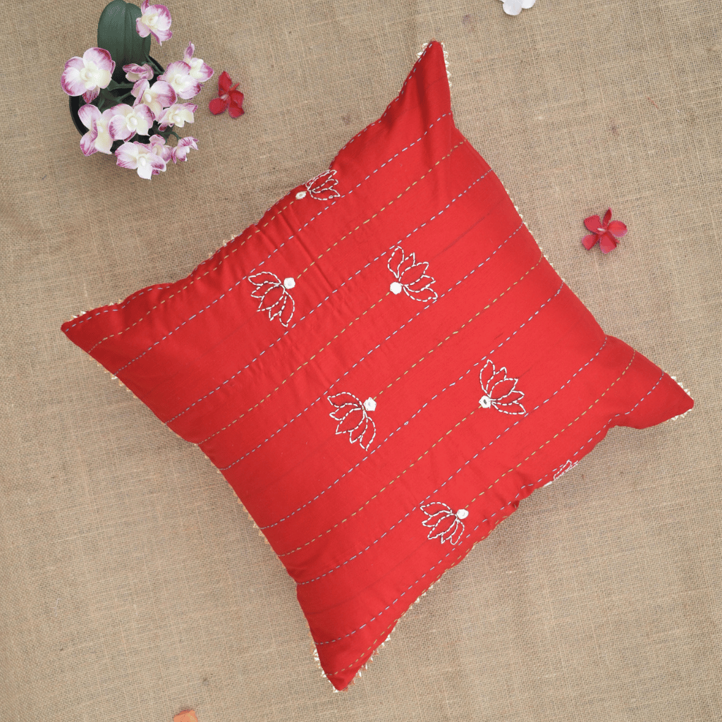 Red Silk Cushion Cover With Lotus Embroidery - Kritikala