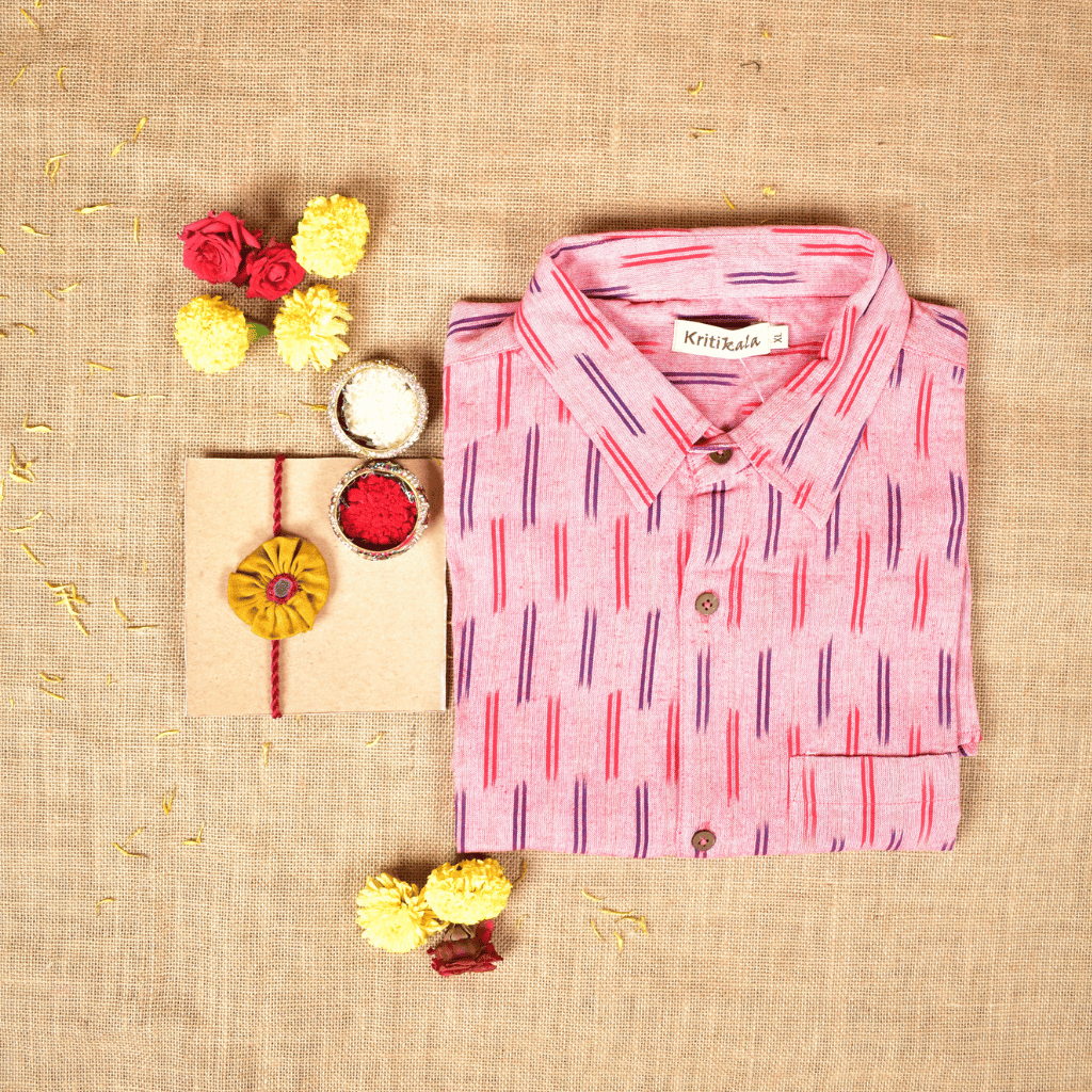 Raksha Bandhan Gift Combo – Handcrafted Yellow Rakhi with Men's Handloom Cotton Shirt