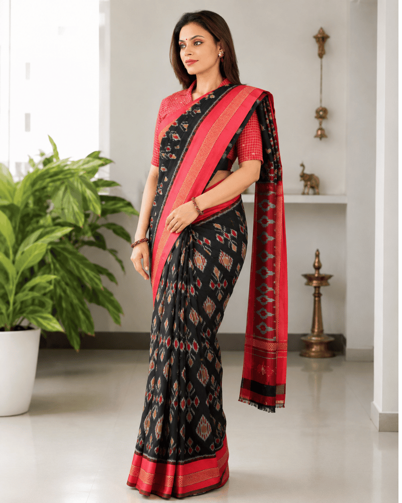 Black ikat saree with hand embroidery