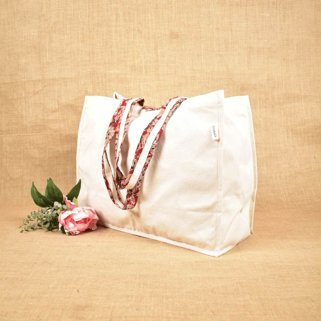 Strong White canvas shopping bag with Kalamkari Handle - side