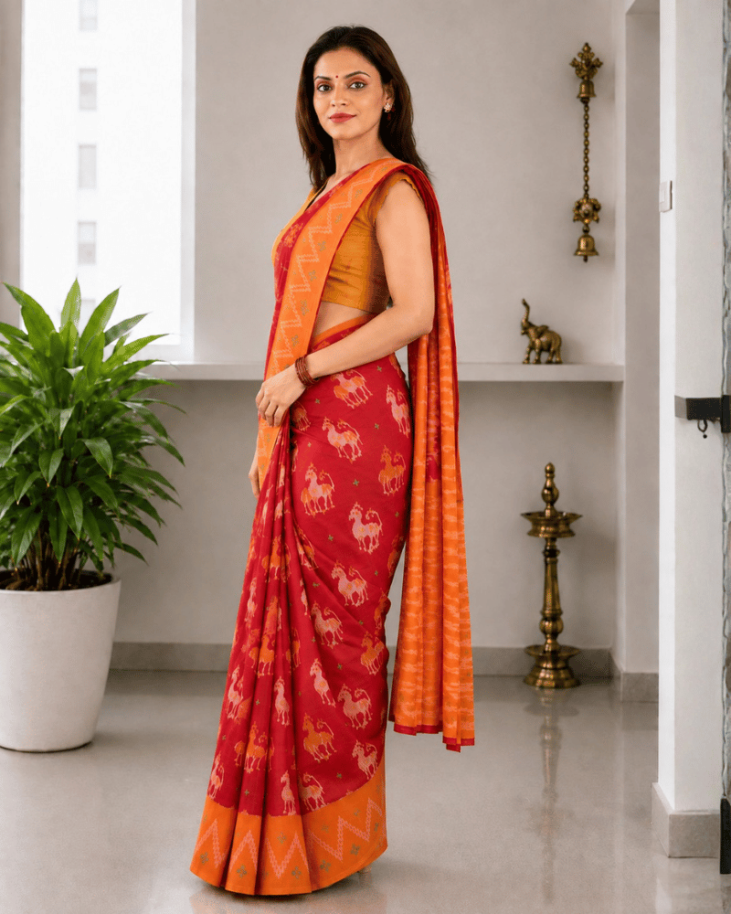 Red ikat saree with Yellow Border