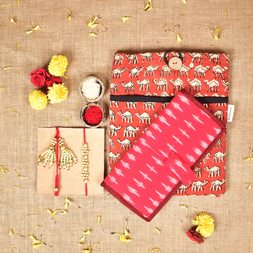 Bhai Bhabhi Raksha Bandhan Gift Combo – Rakhi Set with iPad Sleeve & Ladies Wallet