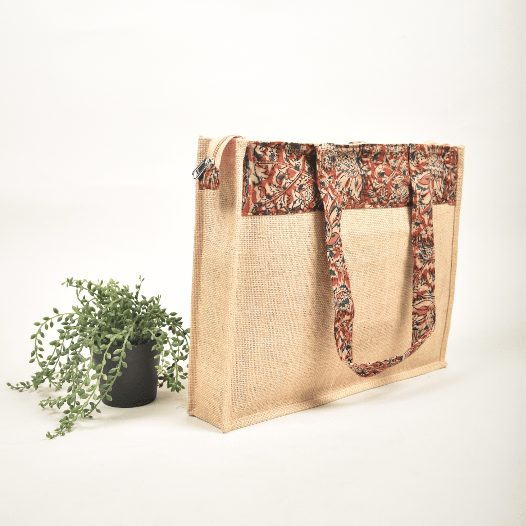 Classic Jute Bag With a Red Kalamkari Design