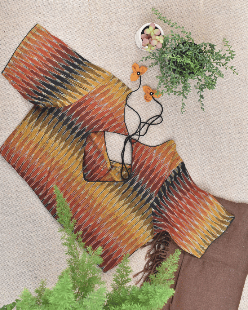 Multicolor Ikat blouse with flower tassels - back