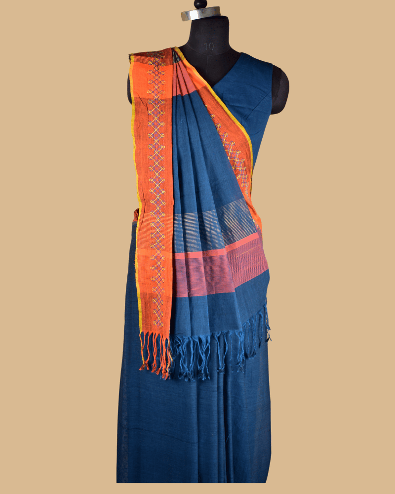Blue Cotton Saree with Hand Embroidery