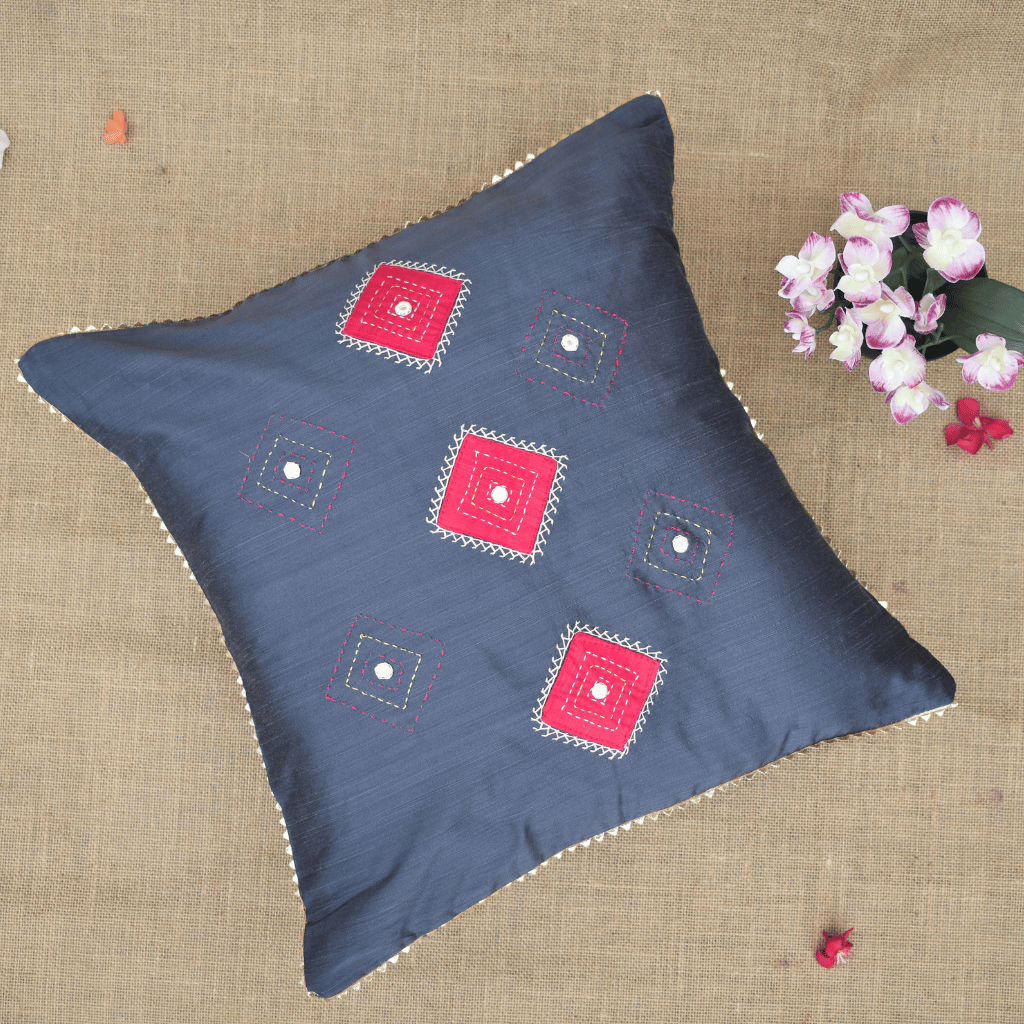 Grey Silk Cushion Cover With Mirror Embroidery - front