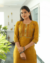 Mustard Yellow Silk Yoke Embroidery Kurta - front