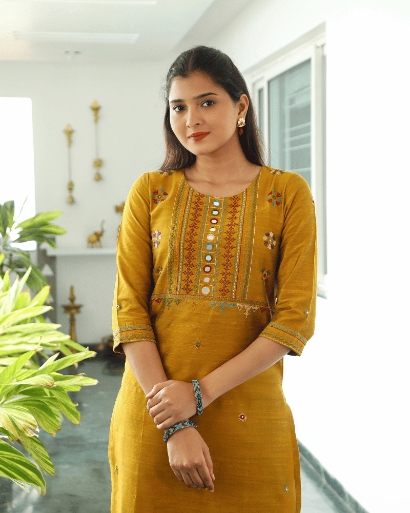 Mustard Yellow Silk Yoke Embroidery Kurta - front
