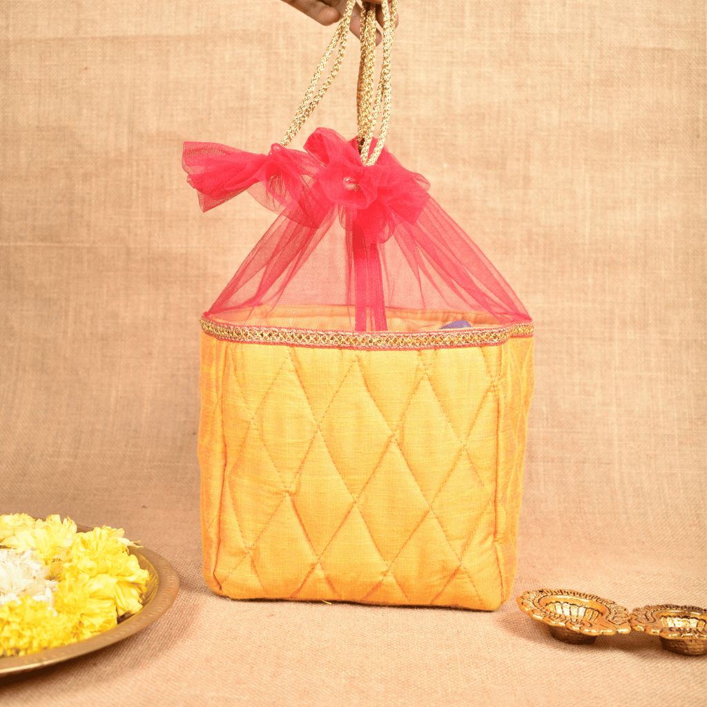Yellow Silk Potli Bag | Handmade & Reusable