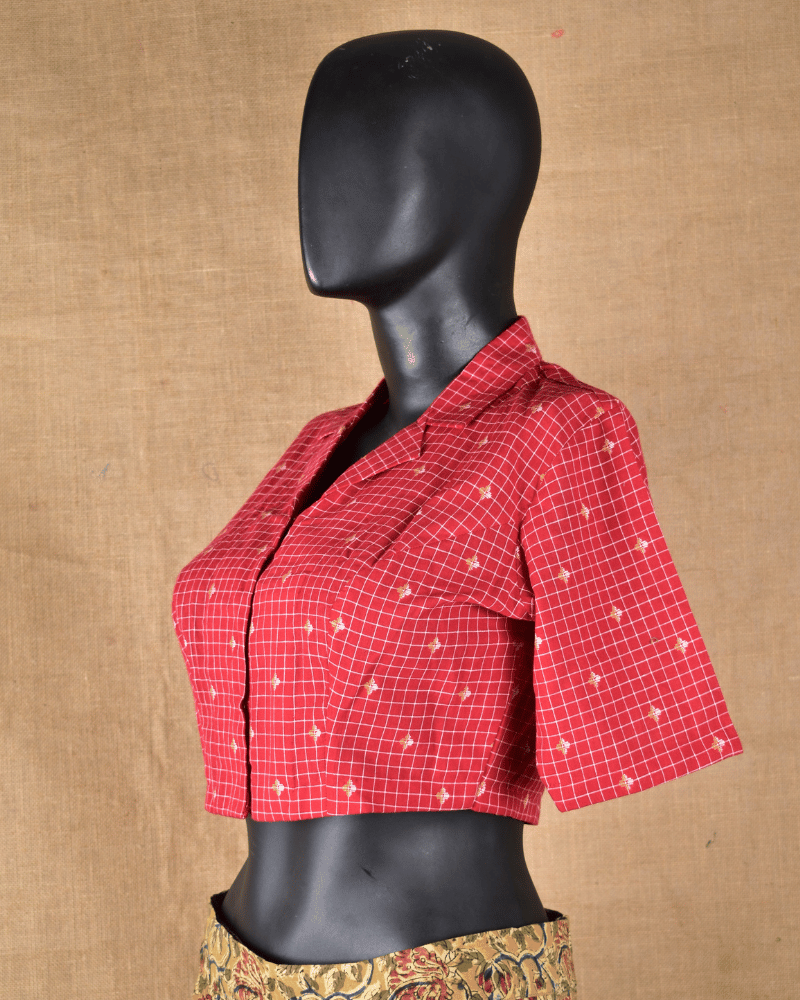 Red Checkered Cotton Blouse with Shirt Collar - side
