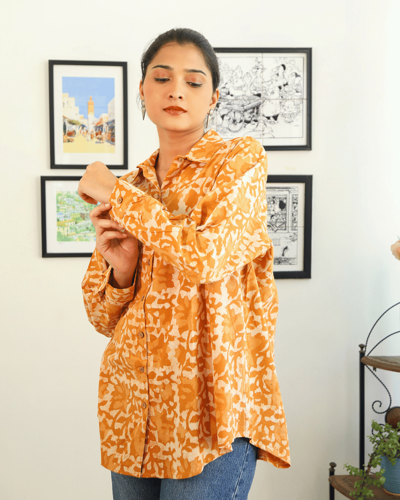 Stylish Women’s Yellow Kalamkari Cotton Shirt - sleeves