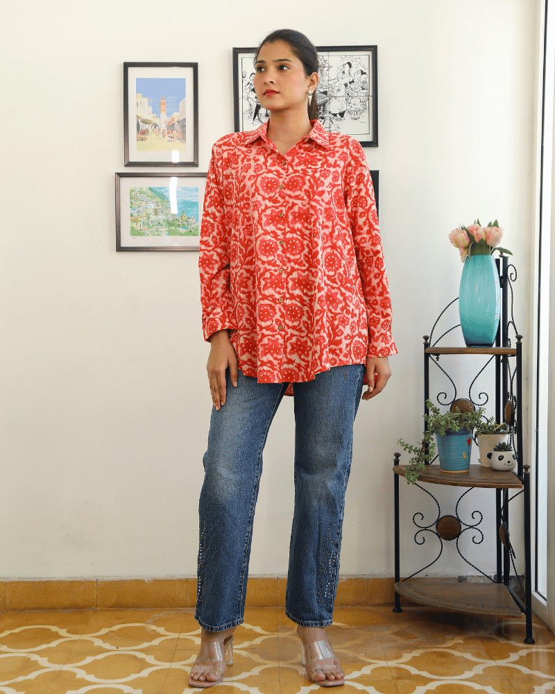 Stylish Women’s Orange Kalamkari Cotton Shirt - comfortable