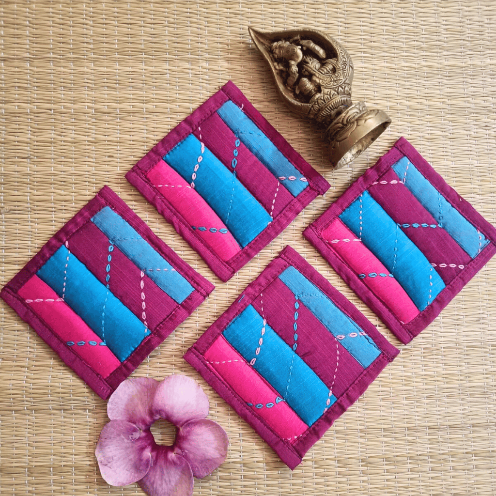 Set of 4 colorful patchwork fabric coasters with embroidery