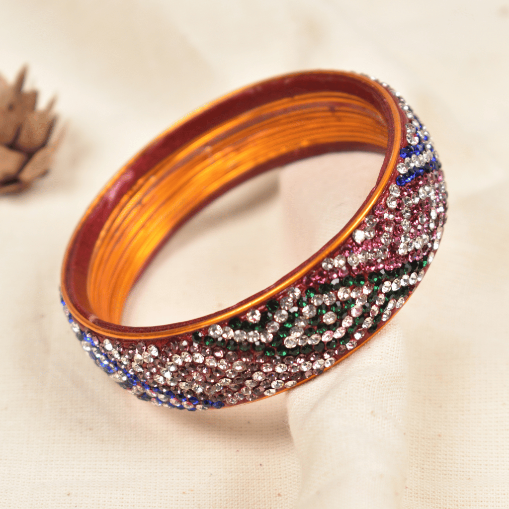 Blue & pink 9 line stoned lac bangle - glittery stones
