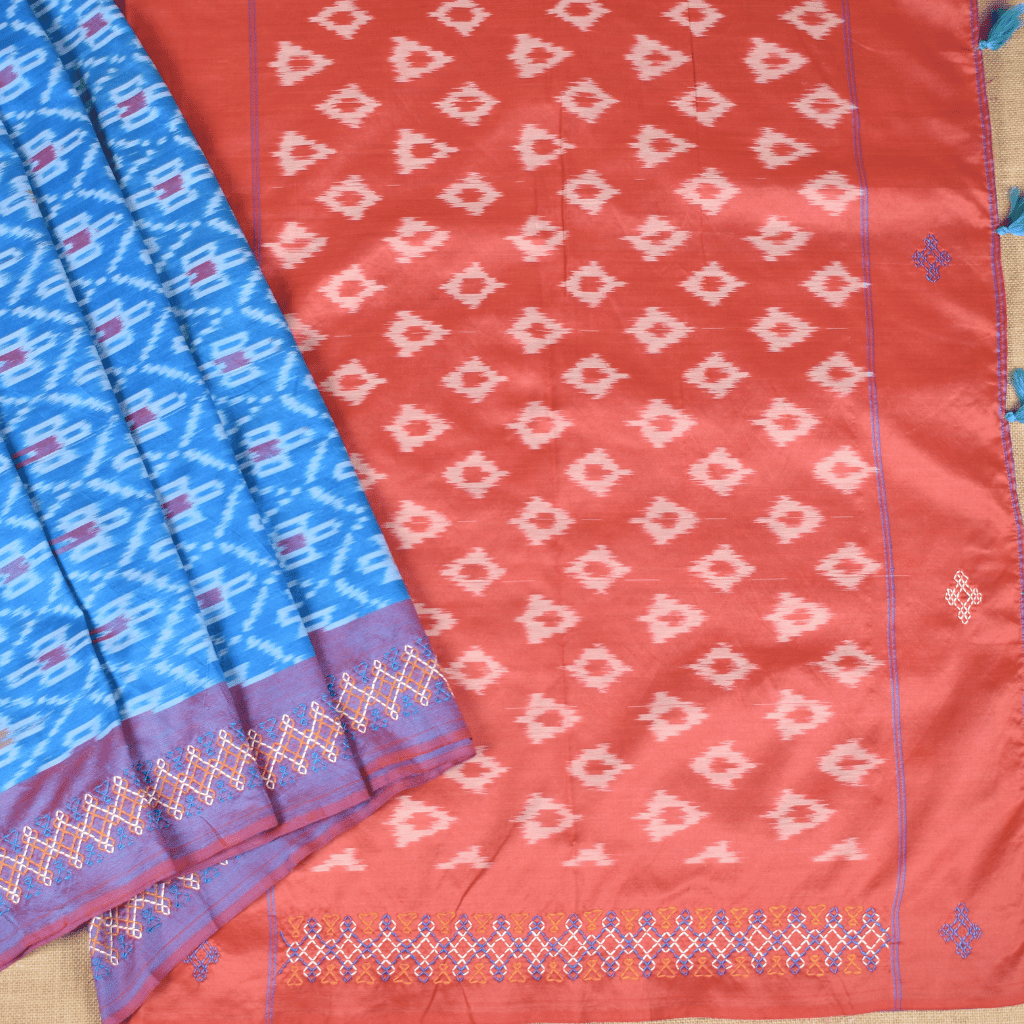 Blue ikat saree with hand embroidery - embroidery