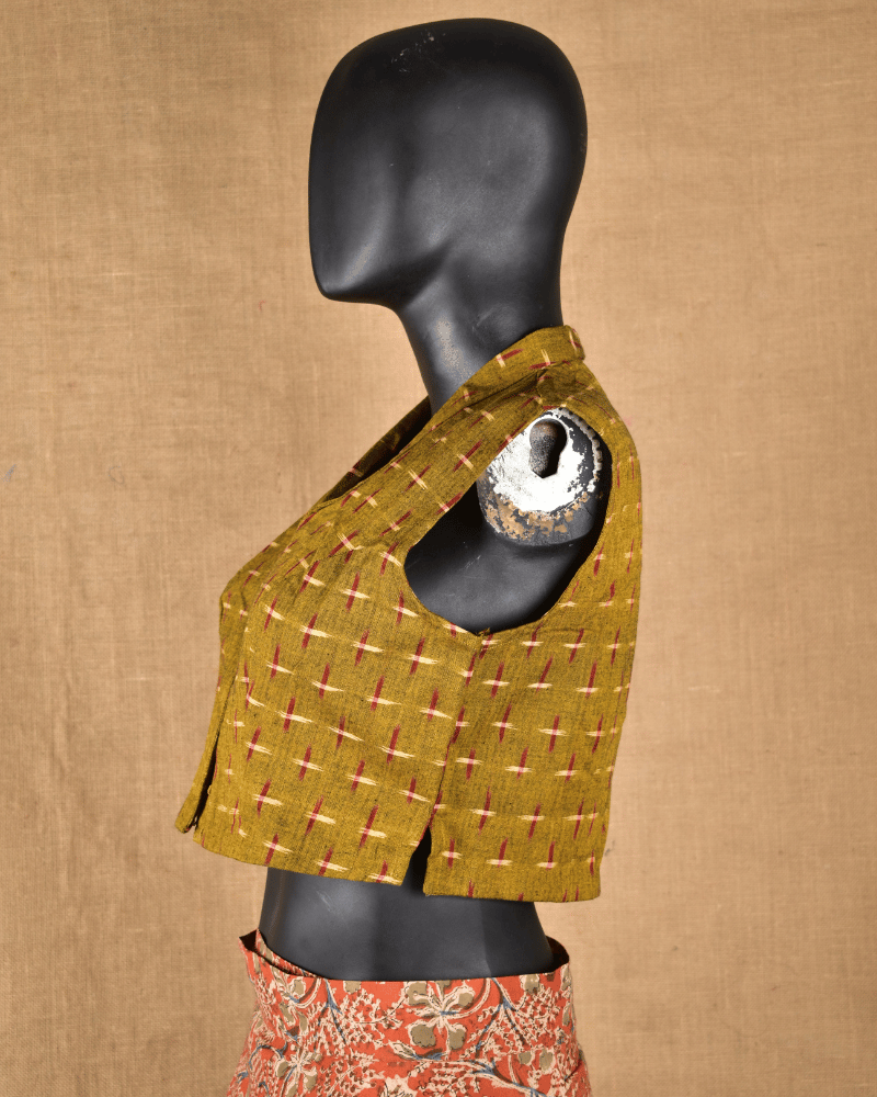 Mustard Yellow Ikat Cotton Sleeveless Blouse with Shirt Collar - side
