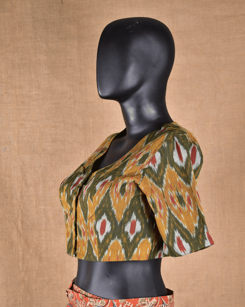 Mustard Yellow Ikat Cotton Blouse with V-Neck