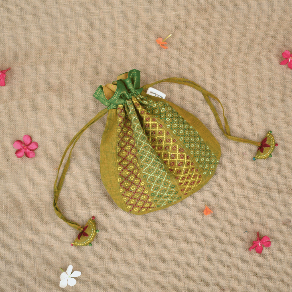 Yellow U Shape potli with Banjara embroidery