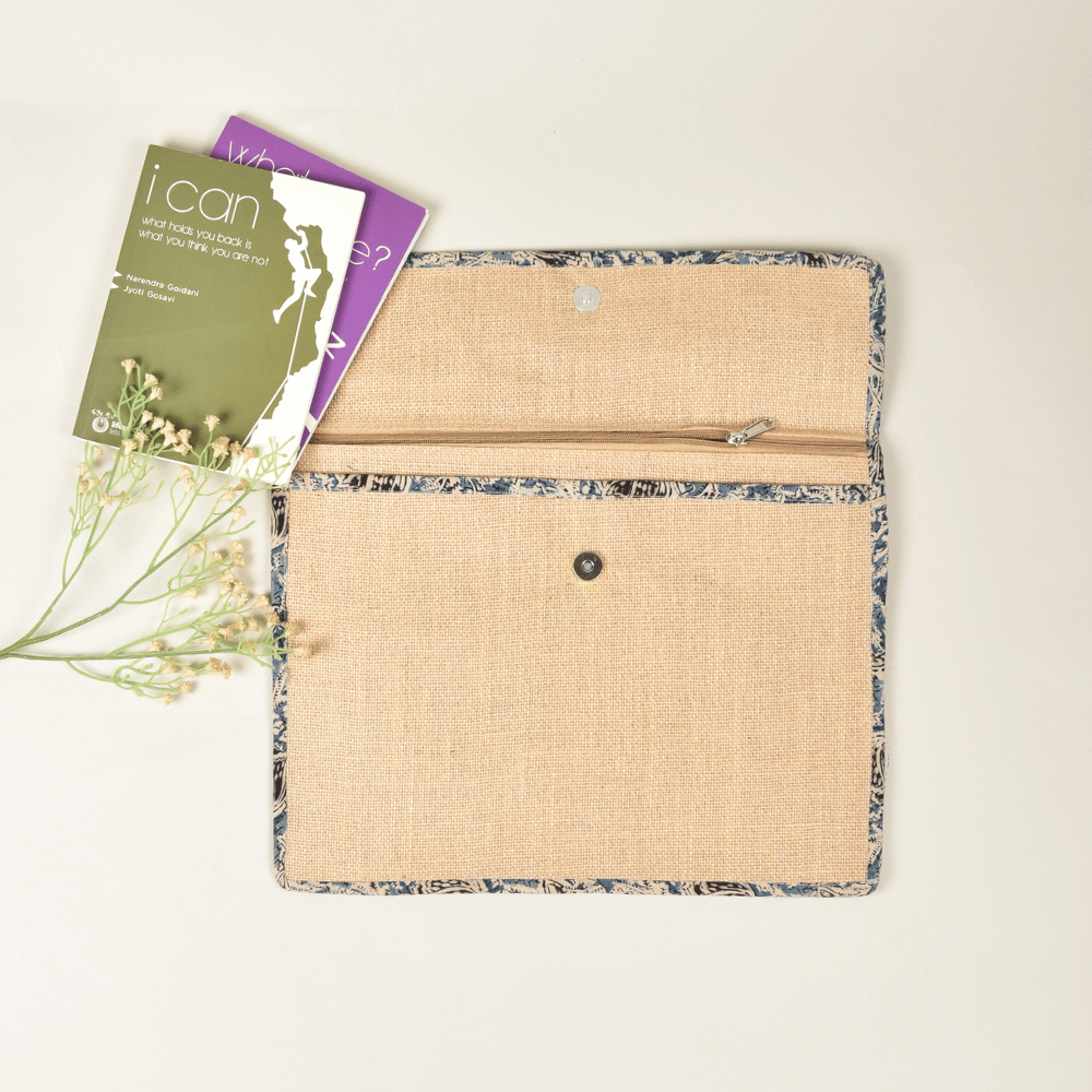 Jute slip folder with Blue kalamkari borders