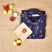 Raksha Bandhan Gift Combo – Handcrafted Purple Rakhi with Men's Handloom Cotton Shirt