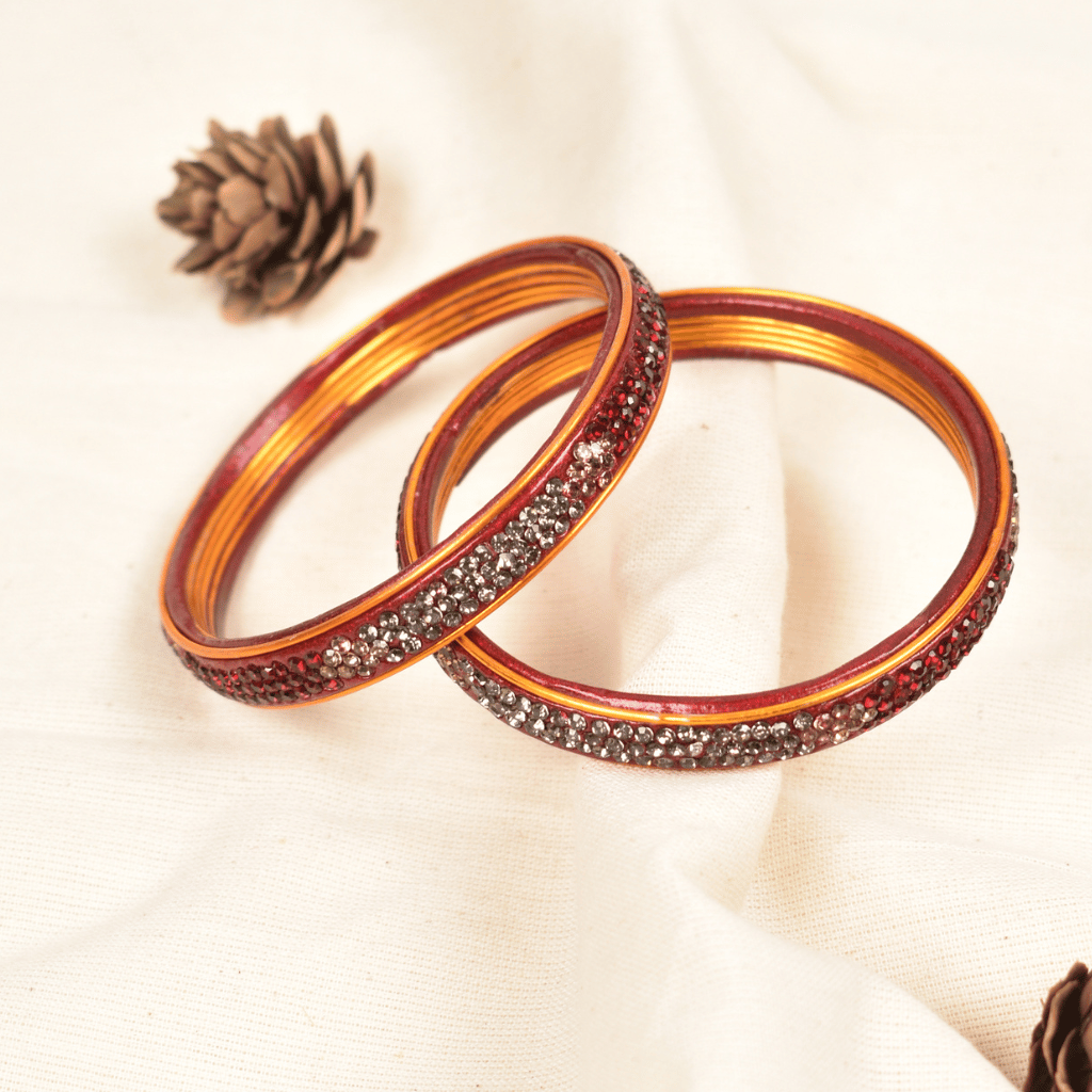 Pair of red & black 3 line stoned lac bangles - glittery stones