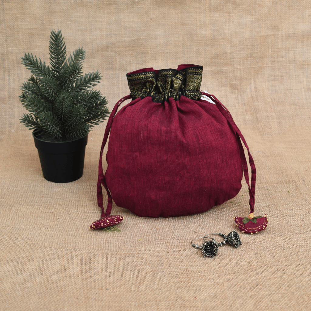 Maroon Feather Embroidery Potli