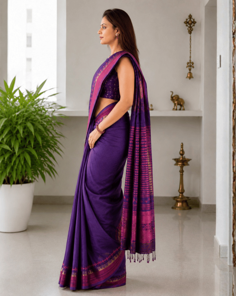 Purple Cotton Saree with Hand Embroidery