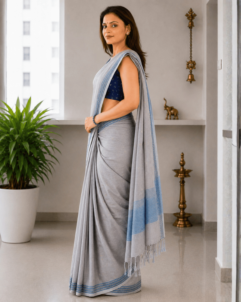 Grey Cotton Saree with Hand Embroidery
