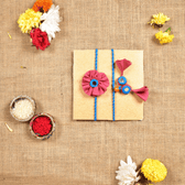 Handcrafted Bhai Bhabhi Flower Rakhi Set with Cotton Potli, Kumkum & Rice - Pink