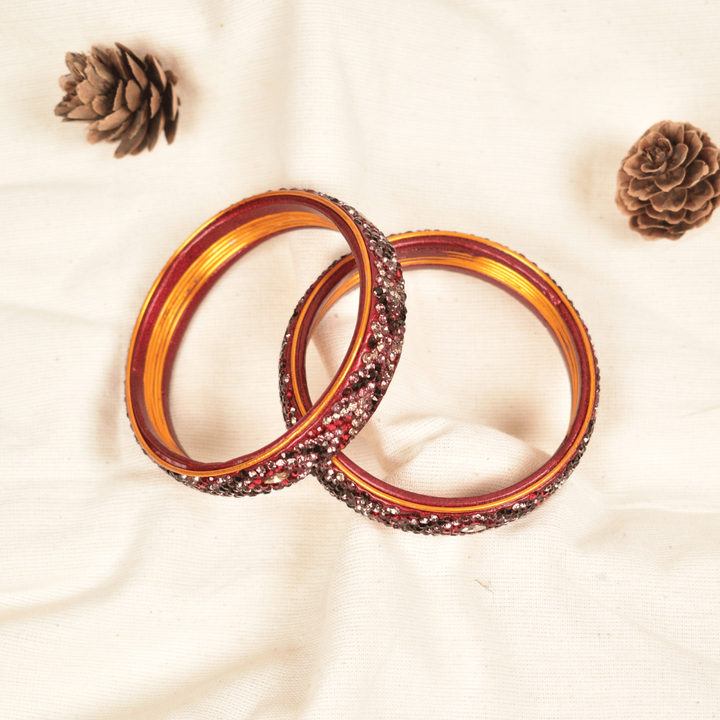 Pair of maroon & pink 5 line stoned lac bangles 