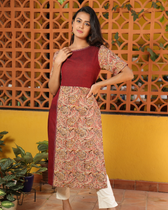Maroon kalamkari kurta neck view