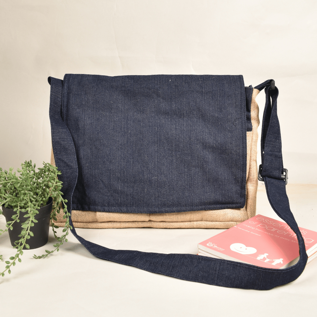 Cross body blue denim laptop bag - front