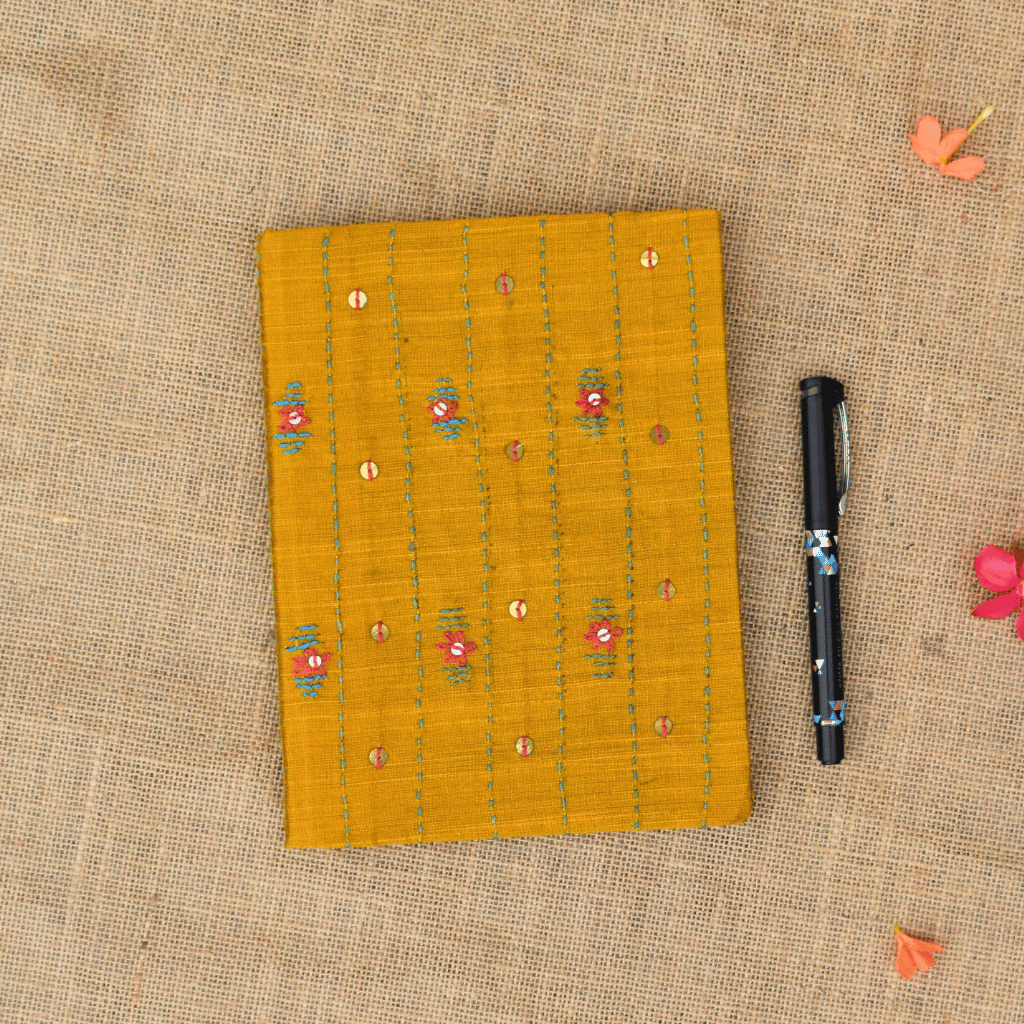 Silk handmade paper diary and tread embroidery cover - yellow