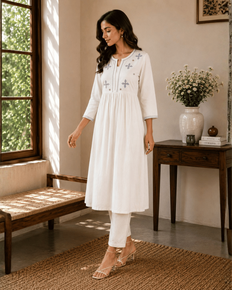 White Cotton Kurta with Hand Embroidery - sleeves