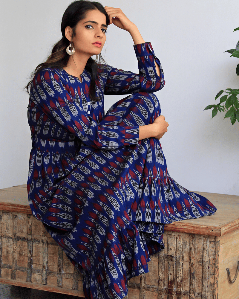 Navy Blue Ikat Printed Maxi Dress with Full Sleeves