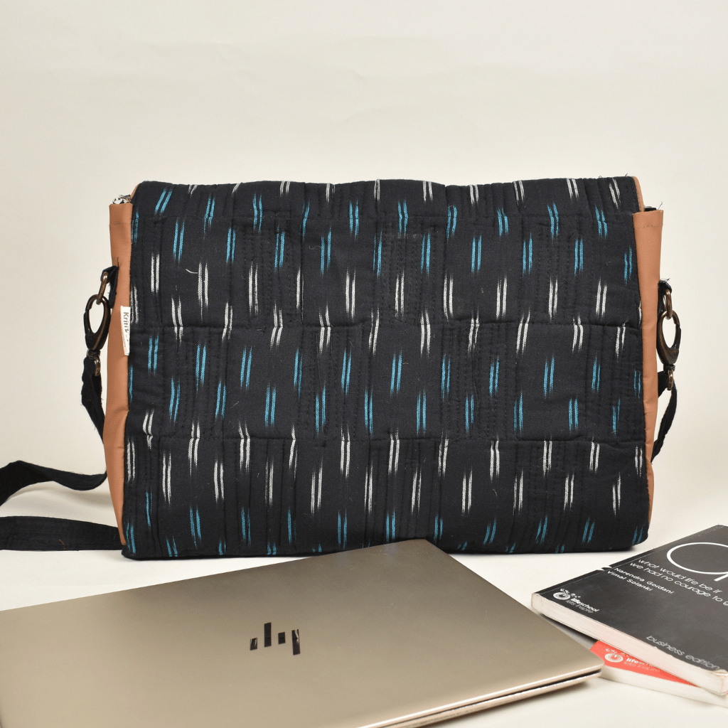 "Samarth" laptop bag in black ikat and faux leather - back
