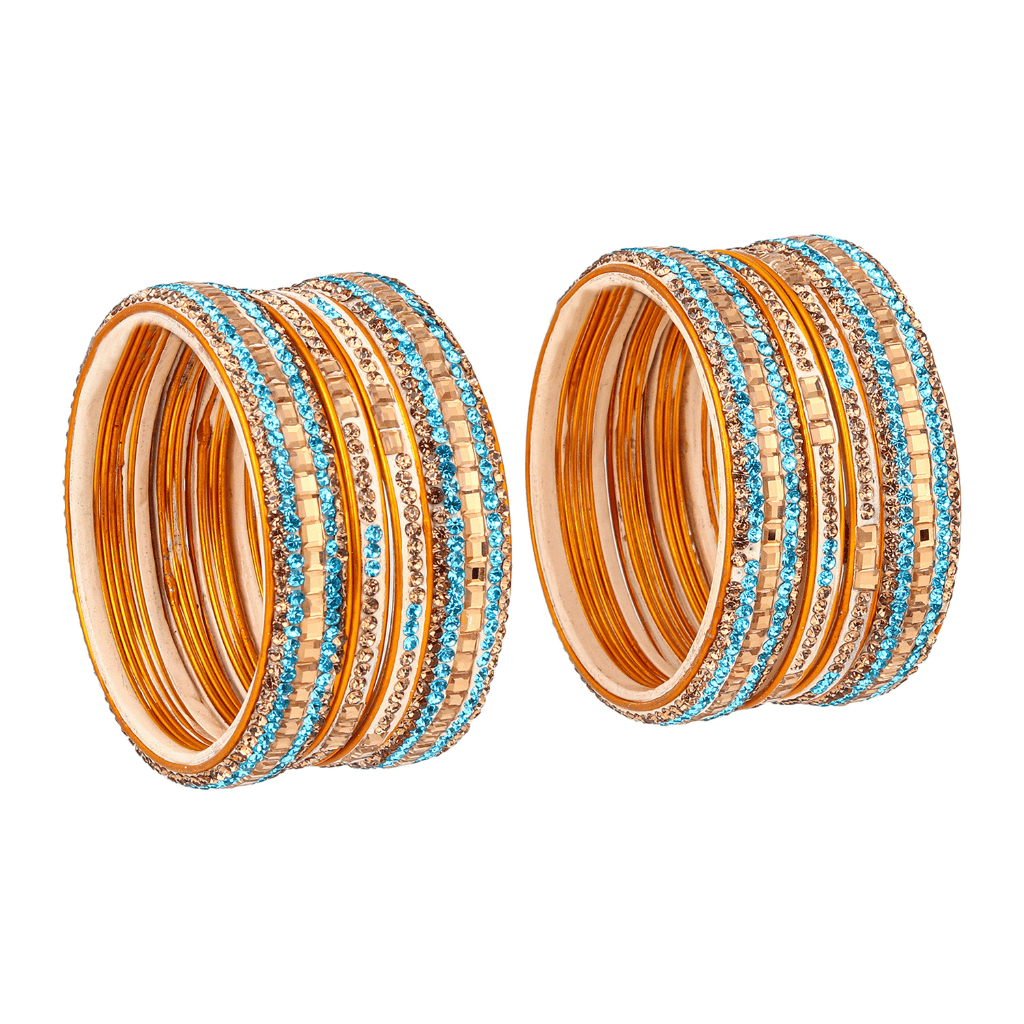 Set of eight bangles in gold & blue tones - stones