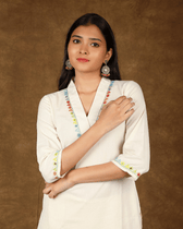 White embroidery straight kurta - V neck