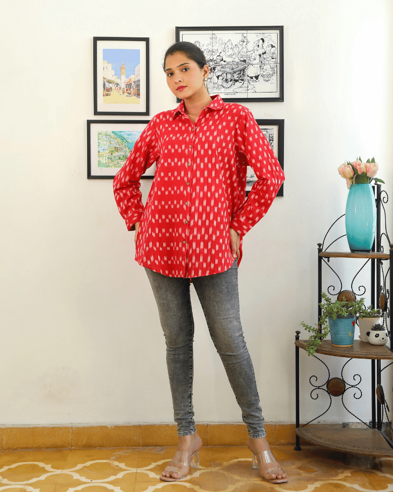 Stylish Women’s Red Ikat Cotton Shirt - comfortable