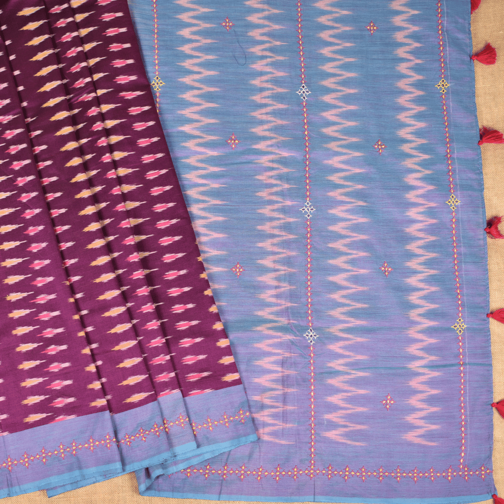 Purple ikat saree with hand embroidery - embroidery