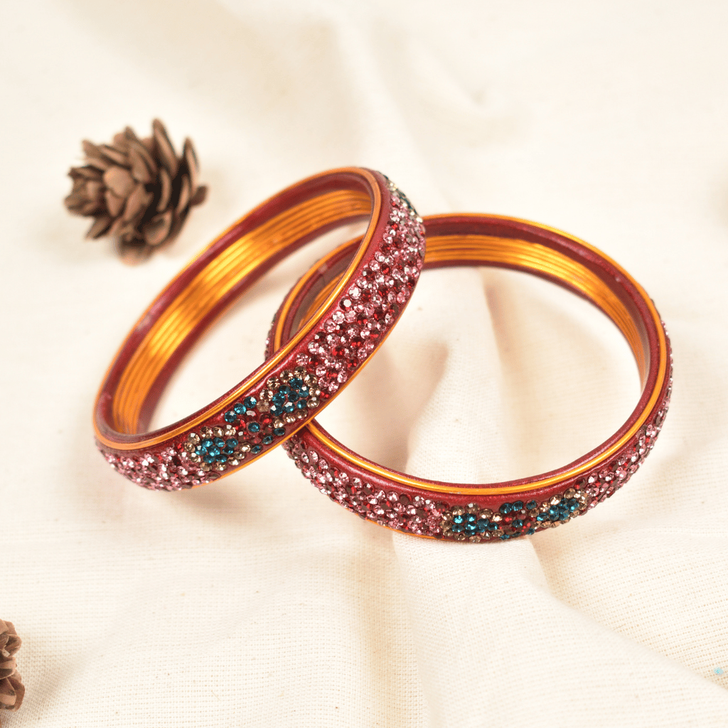 Pair of maroon & pink 5 line stoned lac bangles 