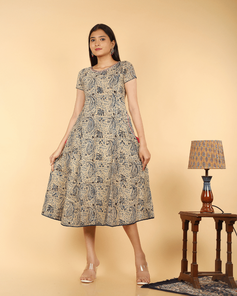 Blue Floral Kalamkari Dress With a Boat Neck and with sleeve