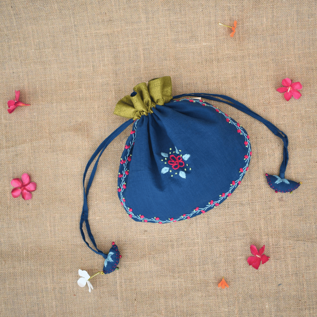 Handmade Blue U Shape Potli Bag in Mangalgiri cotton with embroidery and tassels