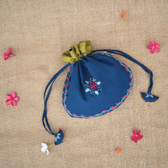 Handmade Blue U Shape Potli Bag in Mangalgiri cotton with embroidery and tassels