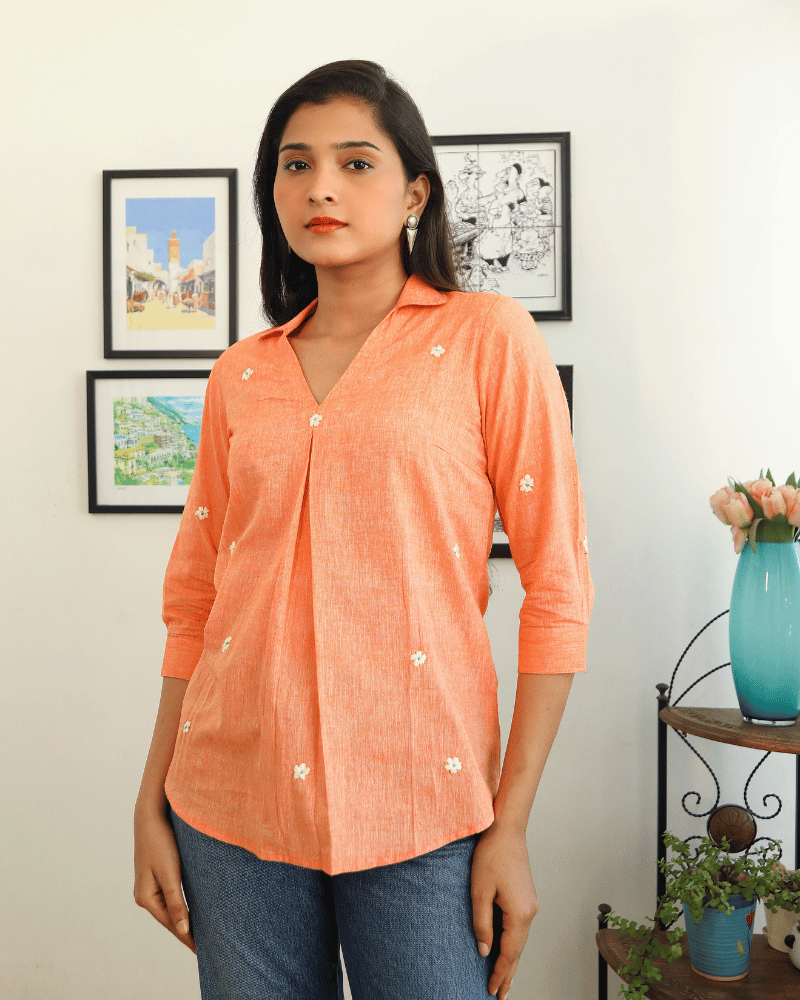 Embroidered short top in Orange cotton - front view