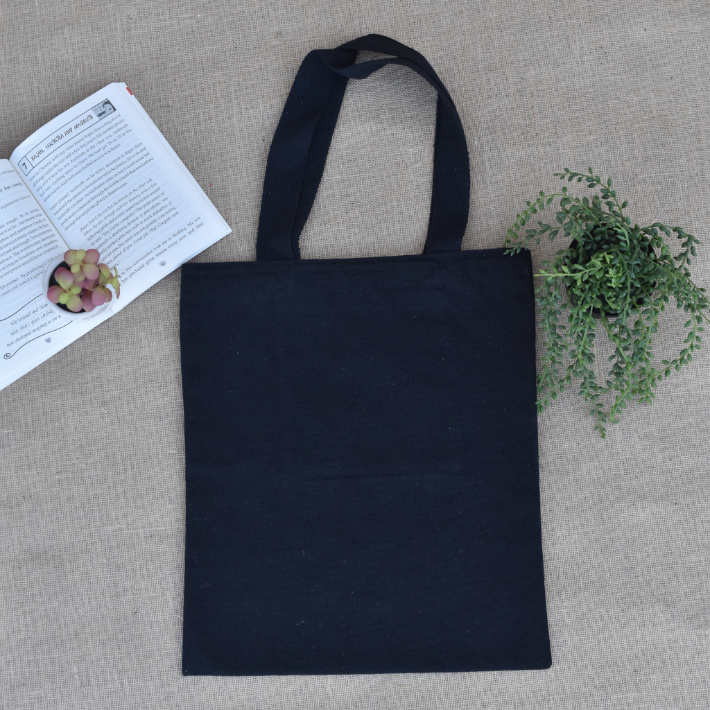 Black canvas tote bag - flower embroidery - back