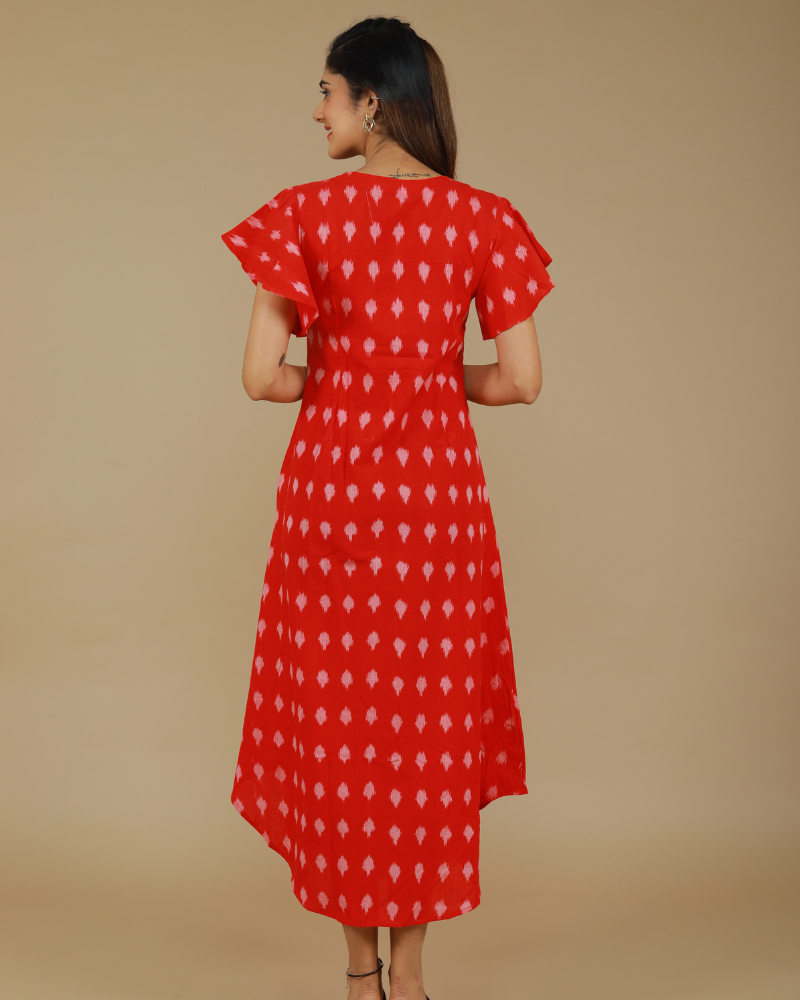 RED IKAT PLEATED DRESS WITH HAND EMBROIDERED POCKETS AND YOKE