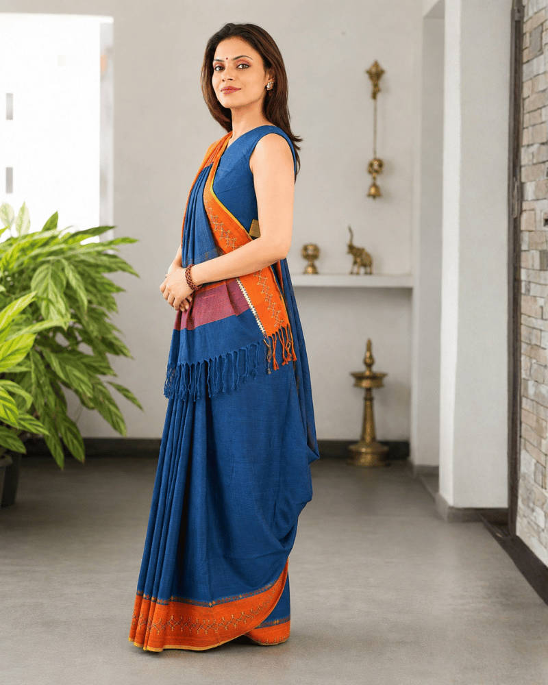 Blue Cotton Saree with Hand Embroidery