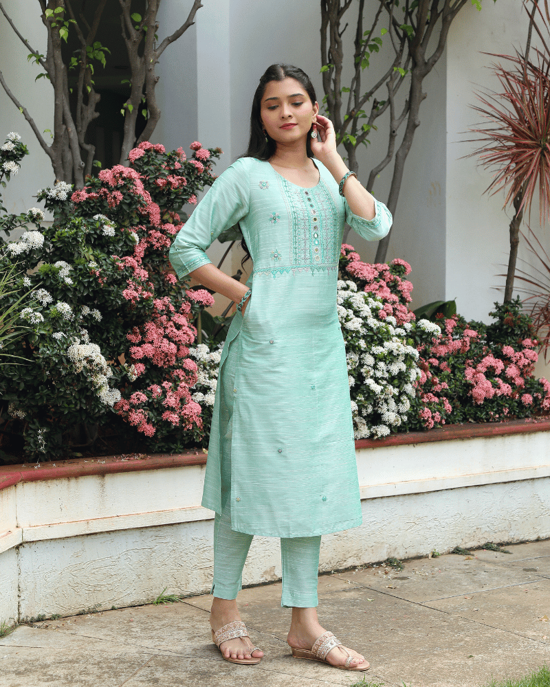 Mint Green Silk Mirror Embroidery Kurta - pocket