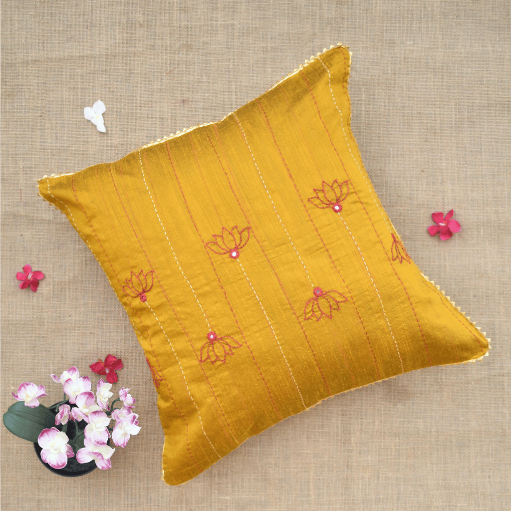 Yellow Silk Cushion Cover With Lotus Embroidery - kritikala